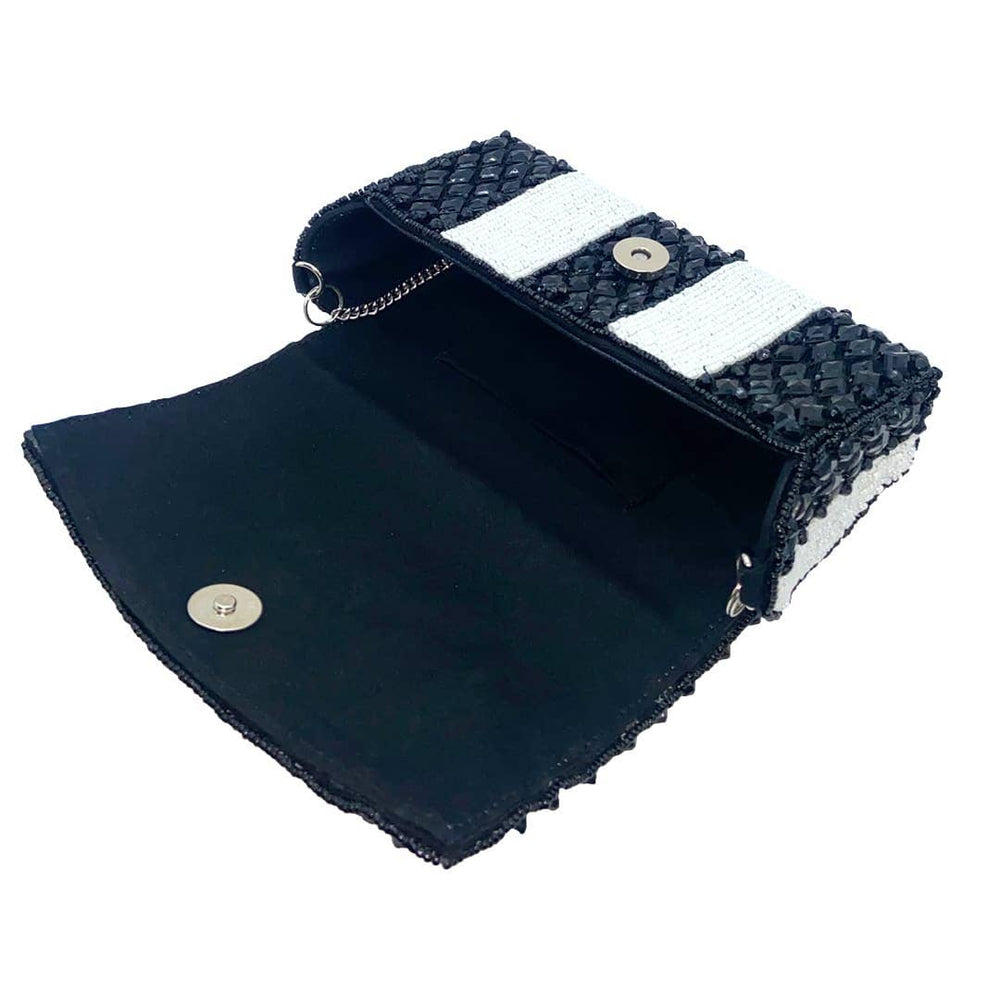 Black and white striped beaded clutch with textured woven pattern silver toned hardware and chain strap
