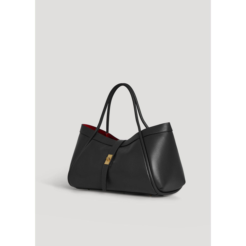 Black leather Mayfair tote bag with gold-tone logo clasp and red interior lining for stylish everyday use