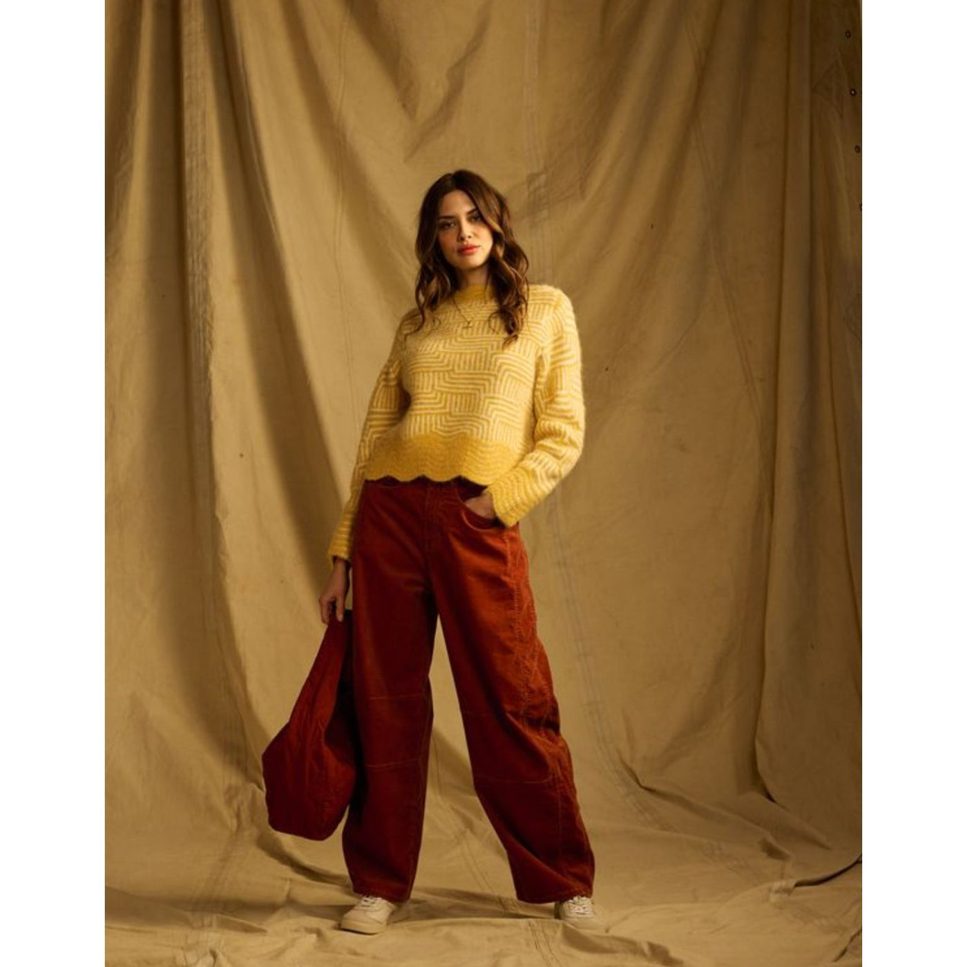 Crew Neck Textured Sweater Mustard