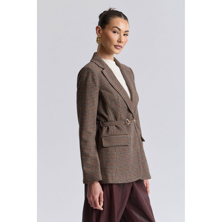 Brown and black houndstooth wool blazer with a belted waist for a stylish and tailored look