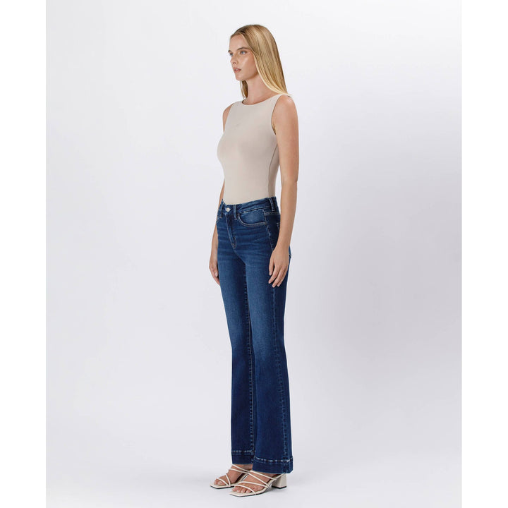 High rise trouser denim high-waisted dark blue denim jeans with straight-leg cut and frayed cuffs