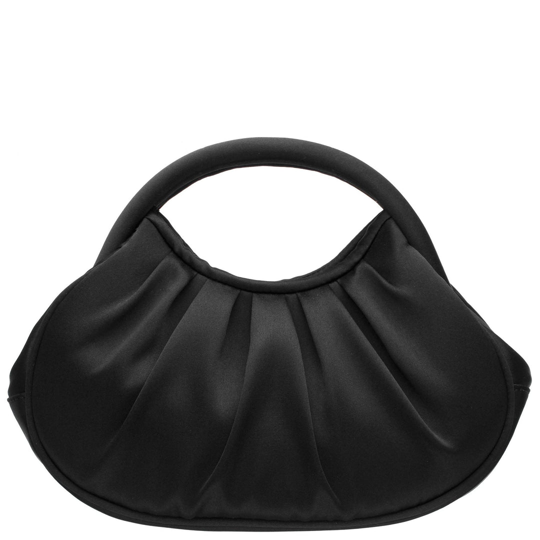 Bren evening bag black satin handbag with soft ruched body and rounded top handle for elegant occasions
