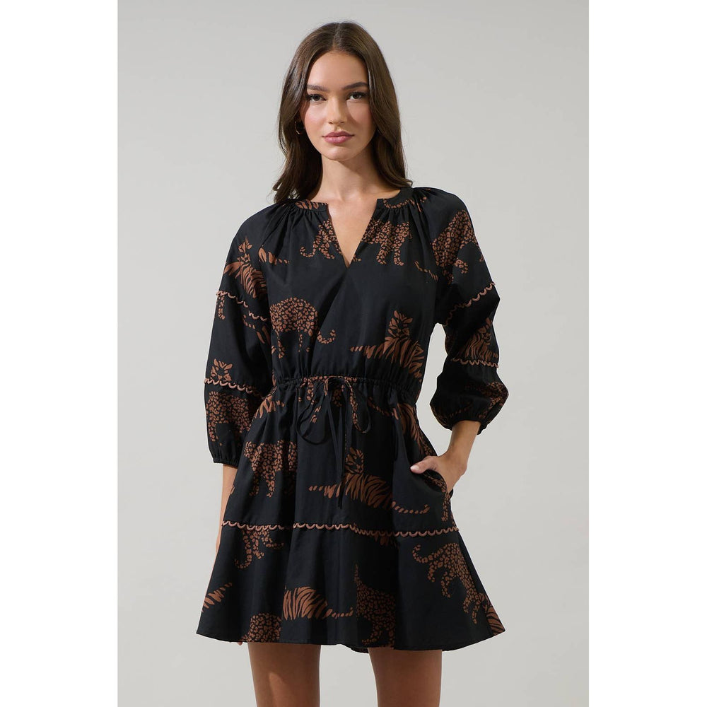 Black zenzi jungle mini dress with brown tiger print, puffed sleeves, and drawstring waist in lightweight fabric