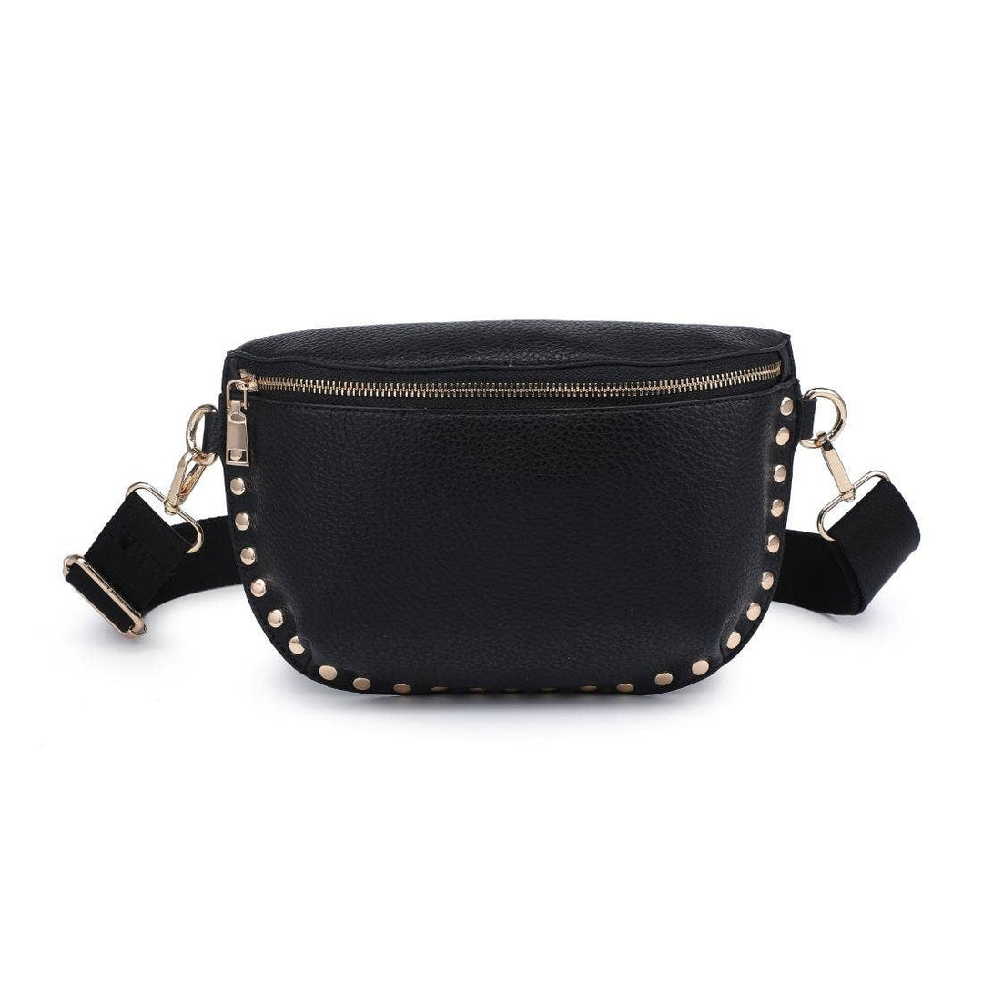 Gizelle belt bag black faux leather fanny pack with textured surface silver studs and gold zipper closure