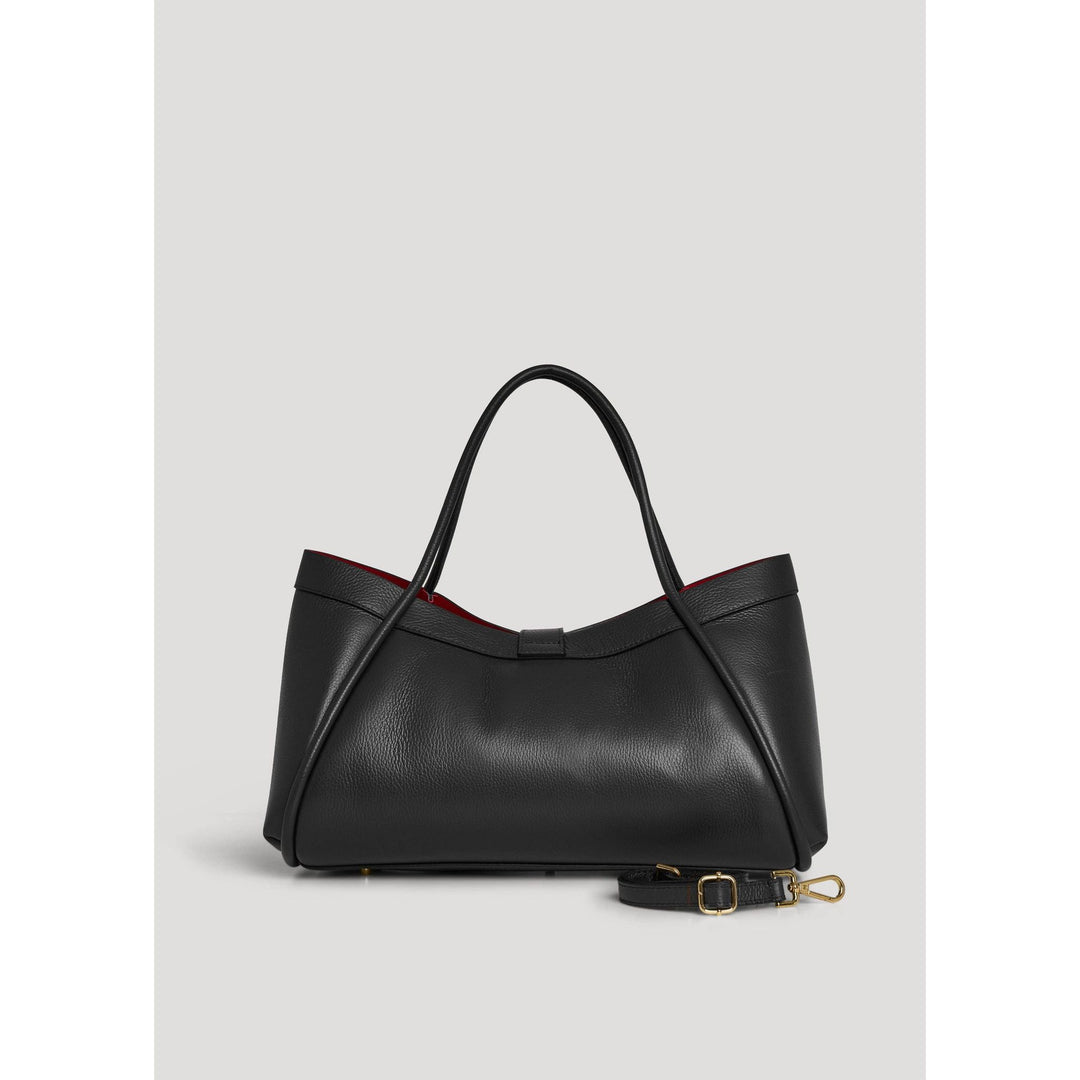 Black leather Mayfair tote bag with contrasting red interior and gold-tone hardware for stylish everyday use