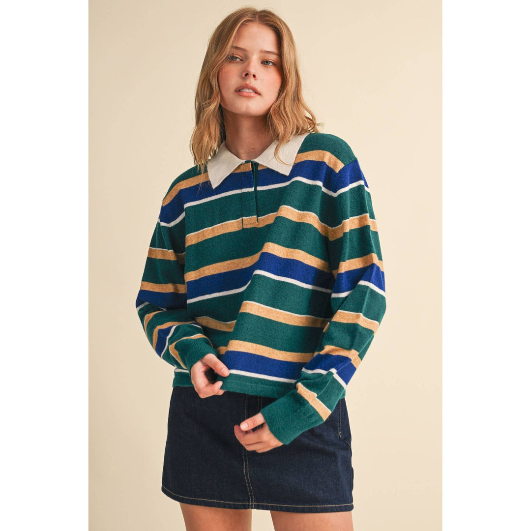 Striped polo sweater with bold green royal and tan horizontal stripes and a white collar in a cozy rugby style