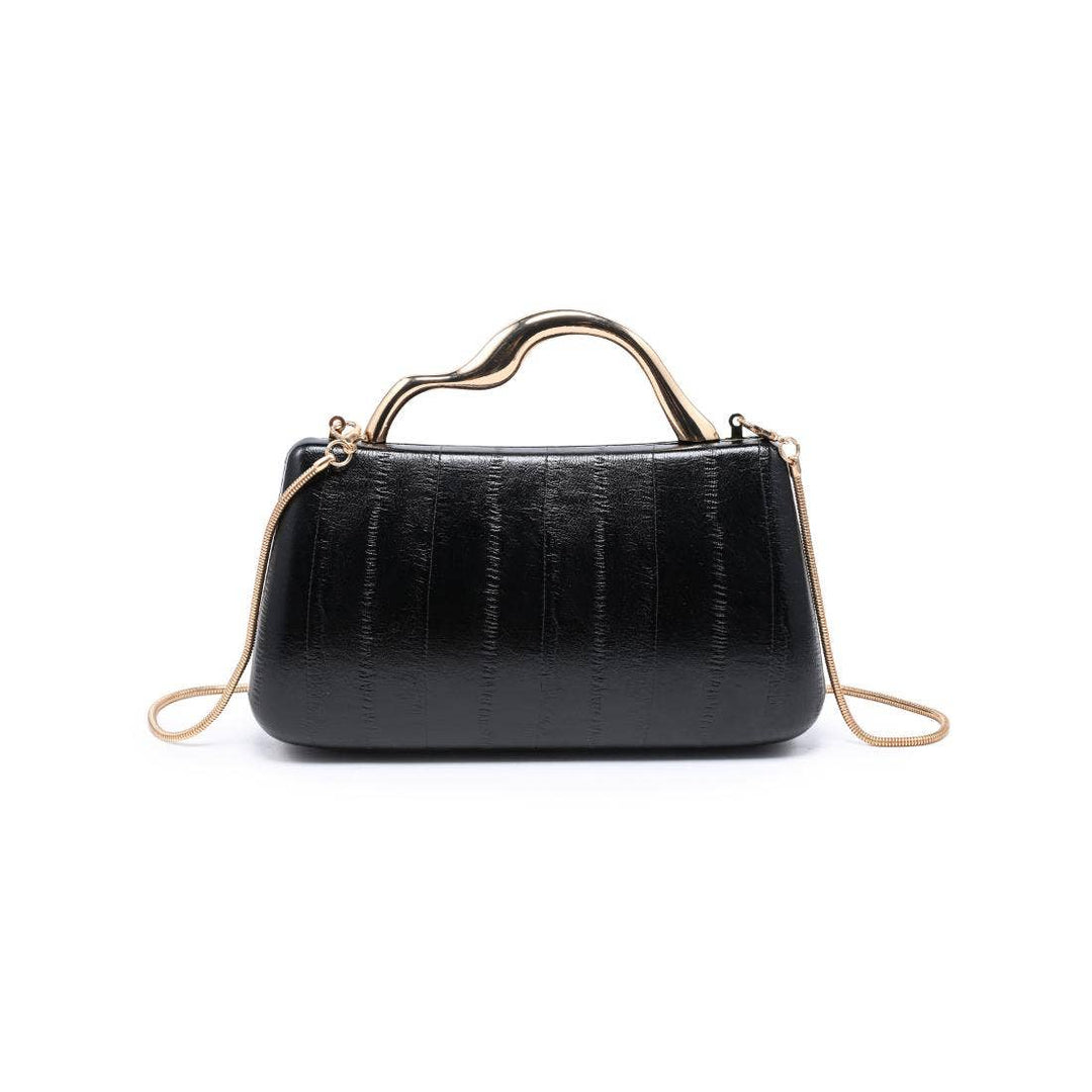 Nichelle clutch black black crocodile embossed leather with gold tone handle and chain strap for elegant use
