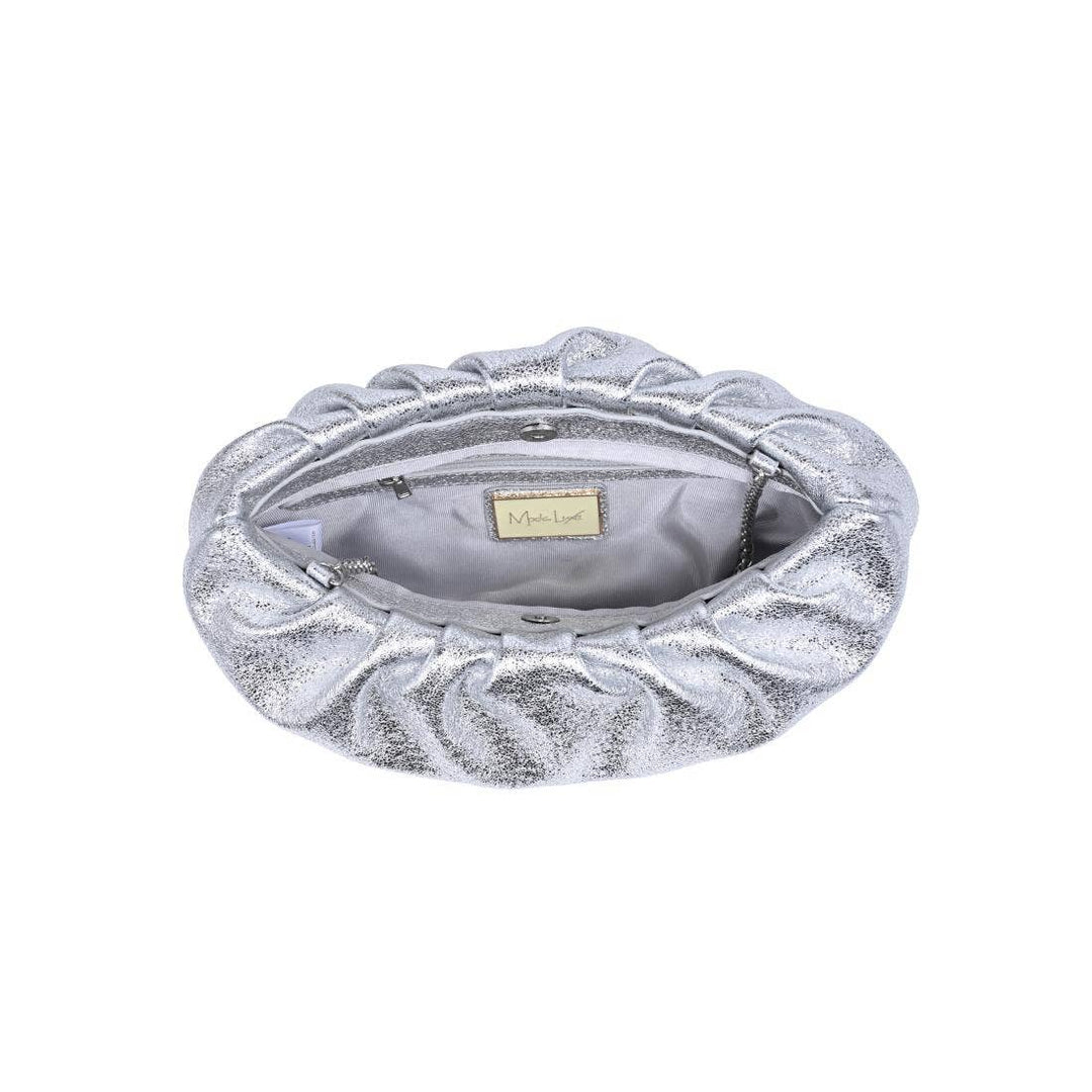 Moda Luxe Fancy clutch silver with silver metallic pleated design soft textured surface and subtle sheen