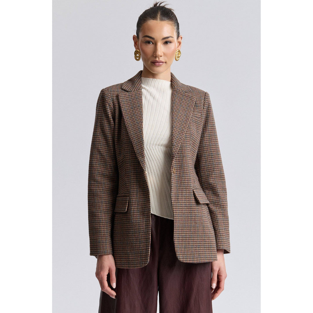 Brown and beige houndstooth wool belted blazer featuring classic pattern and tailored fit for stylish layered looks