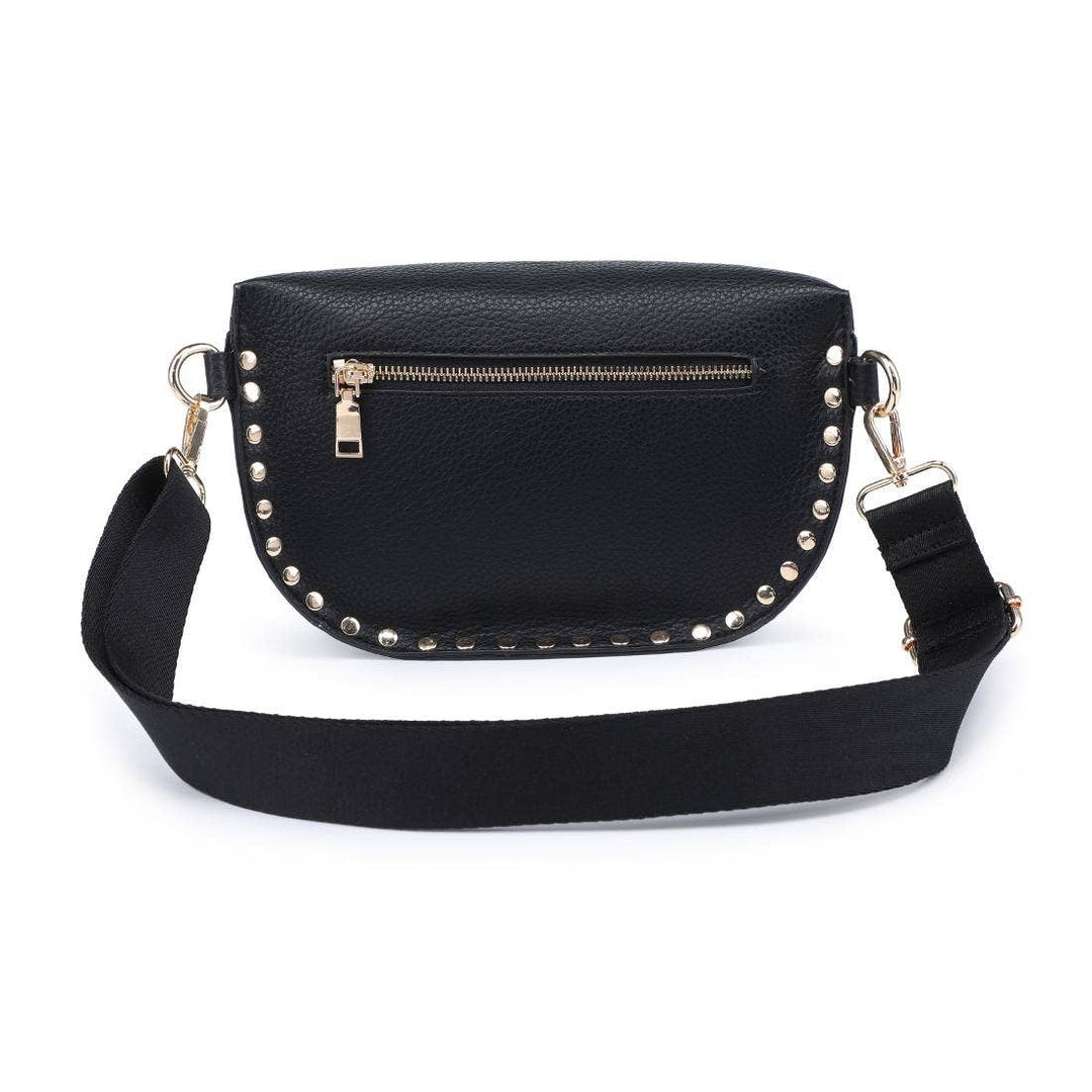 Gizelle belt bag black black faux leather crossbody bag with silver studs along curved edges and gold-tone zipper