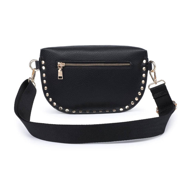 Gizelle belt bag black black faux leather crossbody bag with silver studs along curved edges and gold-tone zipper