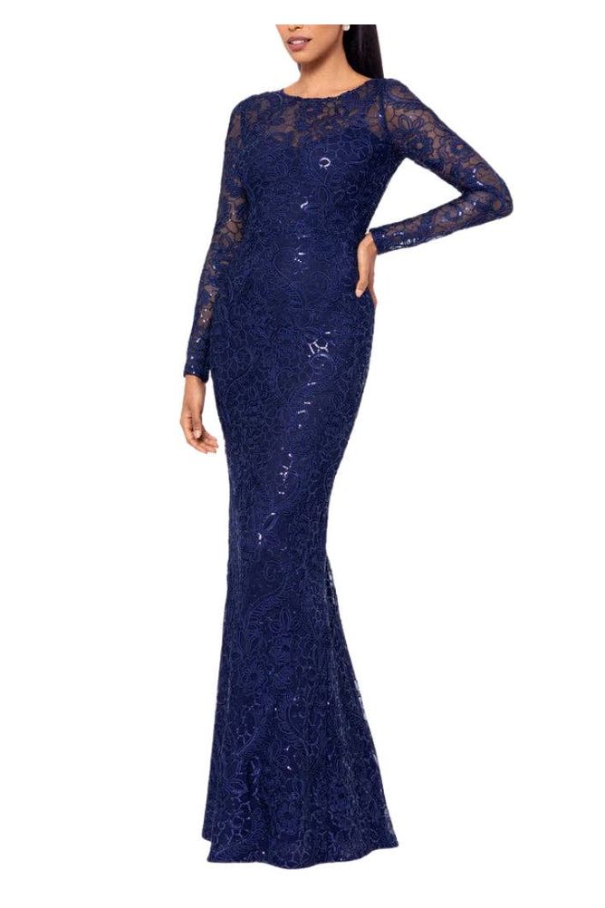 Betsy and Adam Cecelia Bateau Neckline Long Sleeves Intricate Lace Overlay Back Zipper Closure Modern Fit Gown Dress Navy