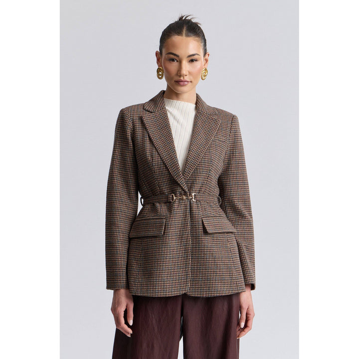 Brown houndstooth wool belted blazer with flap pockets featuring a tailored fit for stylish layering