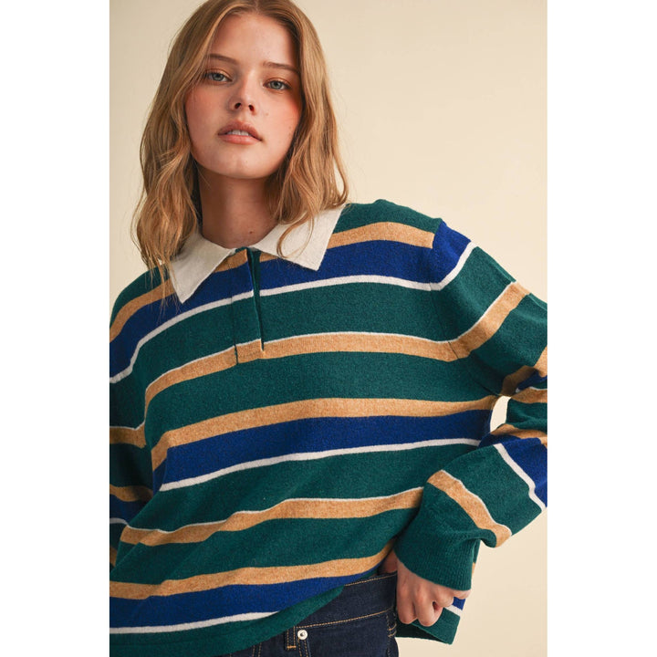 Striped polo sweater in pine and royal featuring bold deep green navy tan and white horizontal stripes and long sleeves