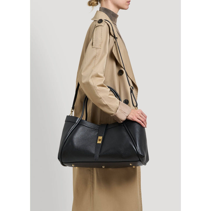 Black pebbled leather mayfair tote bag with gold-tone hardware and structured design for everyday use