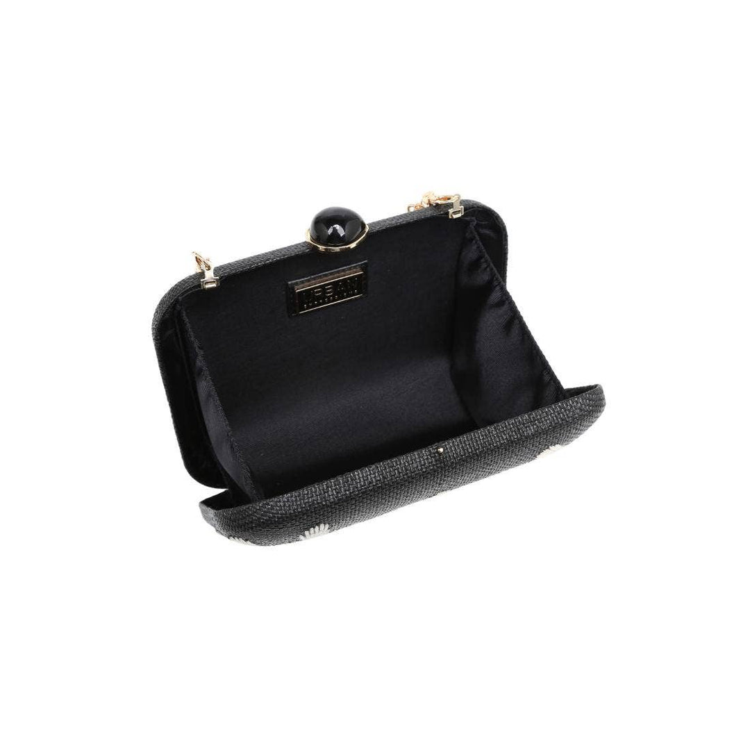 Roley evening bag black textured clutch with glossy black spherical clasp and gold tone hardware for elegant use