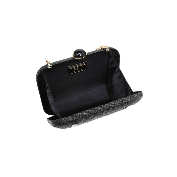Roley evening bag black textured clutch with glossy black spherical clasp and gold tone hardware for elegant use