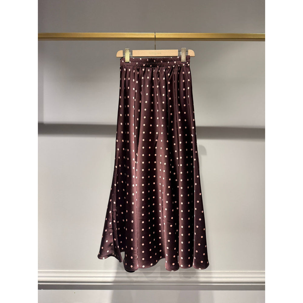 Bois Rose midi skirt flowing dark brown satin with evenly spaced white polka dots for stylish casual wear
