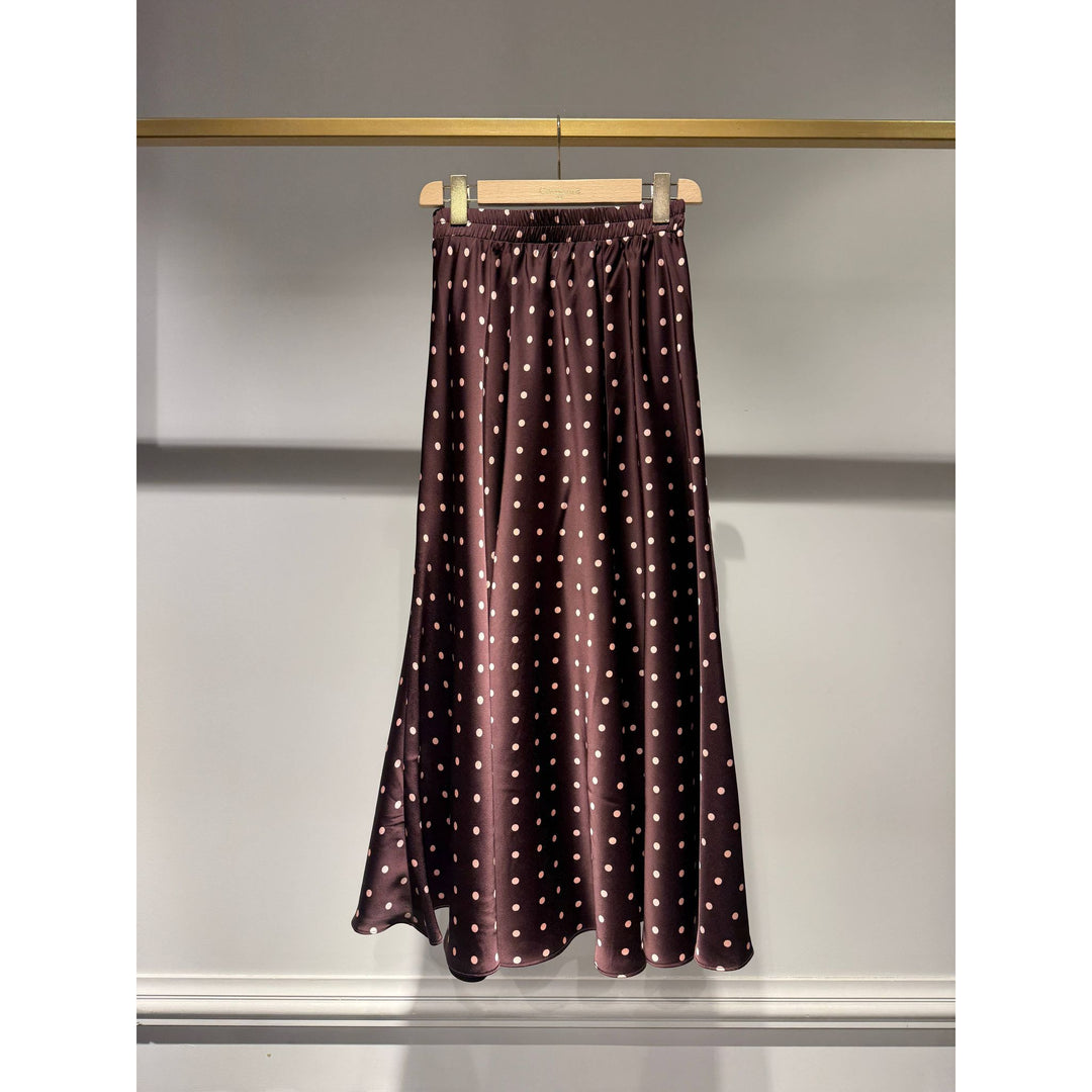 Bois Rose midi skirt flowing dark brown satin with evenly spaced white polka dots for stylish casual wear