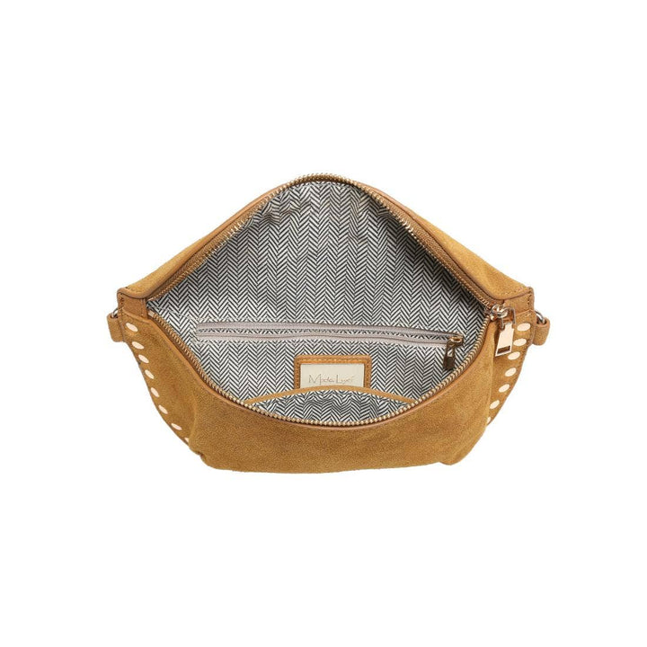Tan suede crossbody gizelle-suede belt bag with white stud detailing and herringbone-patterned interior lining