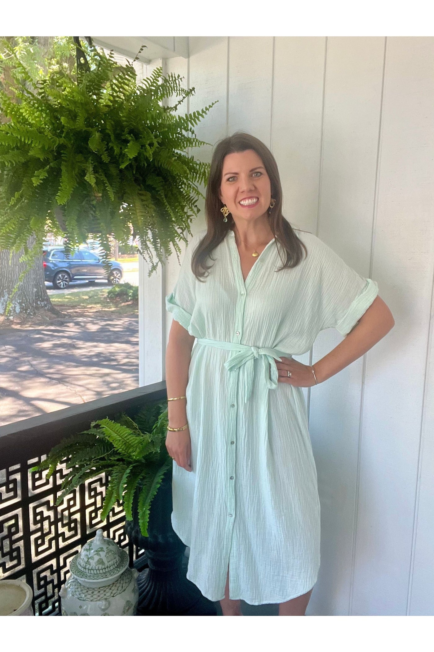 Gauze Roll Sleeve Shirt Dress Aqua