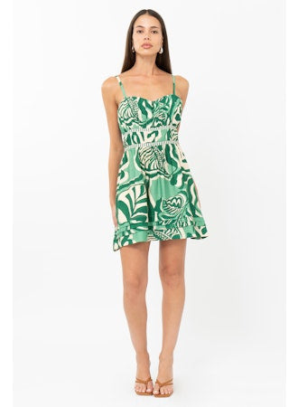 Runa Leaf Print Plisse Mini Dress