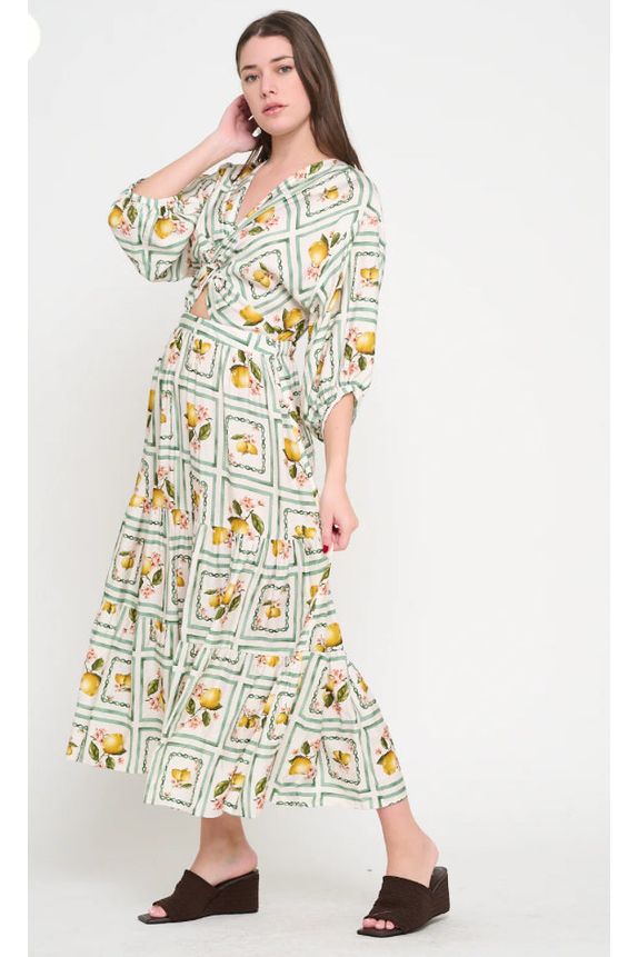Lemon Grove Delight 3/4 Sleeve Maxi Dress