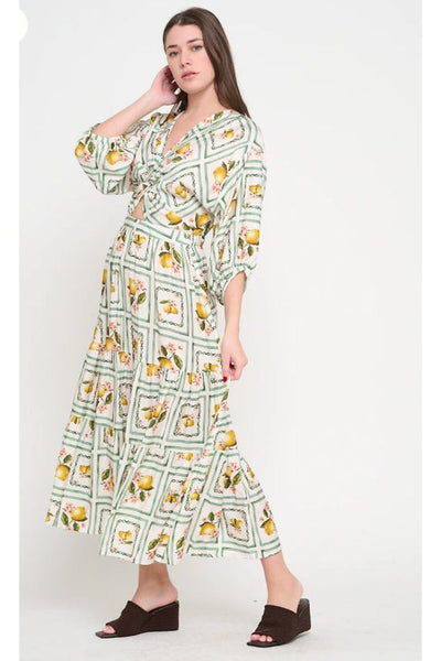 Lemon Grove Delight 3/4 Sleeve Maxi Dress