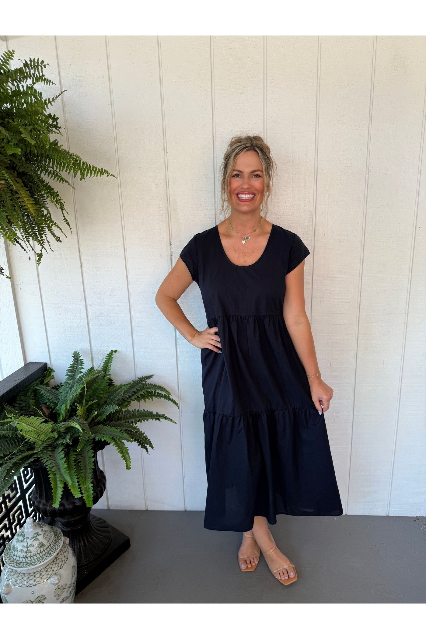 Tiered Cap Sleeve Dress Navy