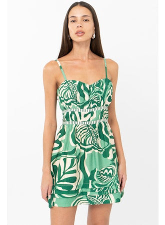 Runa Leaf Print Plisse Mini Dress