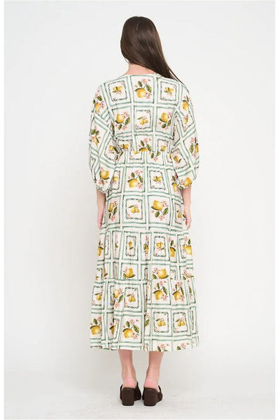 Lemon Grove Delight 3/4 Sleeve Maxi Dress