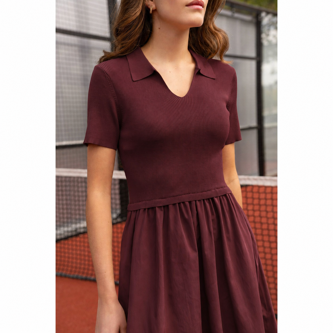 A maroon ribbed knit mixed media dress with a collar and short sleeves for stylish casual wear