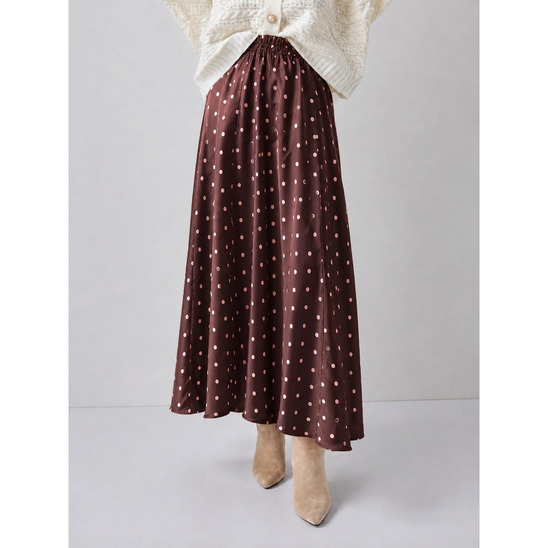 Bois rose midi skirt flowing dark brown satin with small light pink polka dot pattern for elegant wear