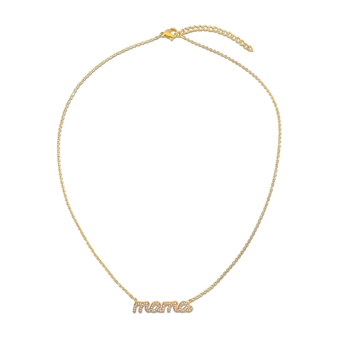 Gold-toned eloise mama pendant necklace with cursive mama letters adorned with small sparkling stones