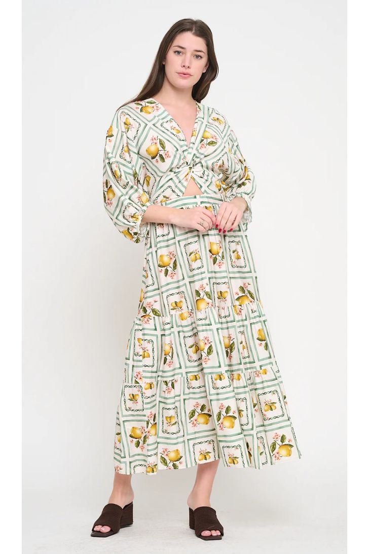Lemon Grove Delight 3/4 Sleeve Maxi Dress