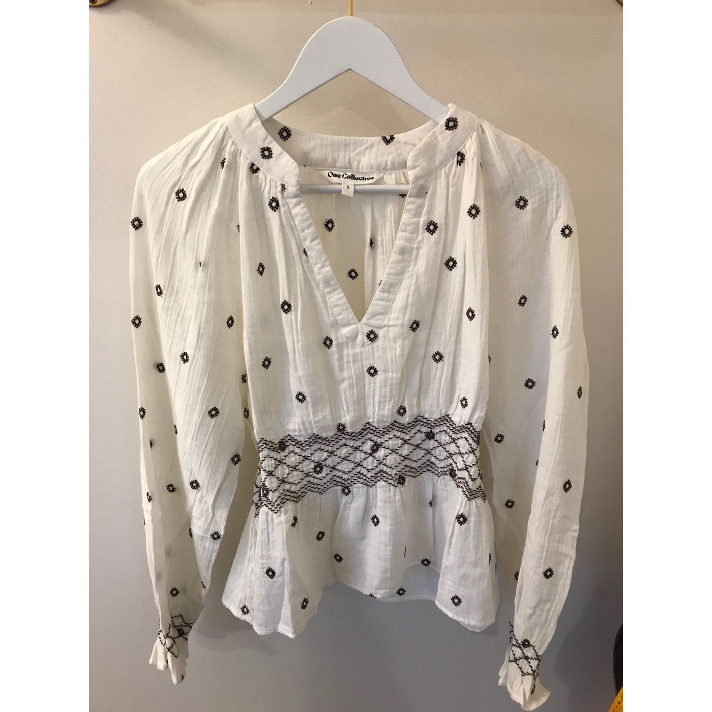 Waist Shirred Embroidered Blouse