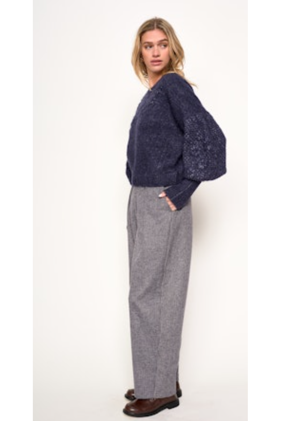 Cynthia Floral Balloon Sleeve Sweater Navy