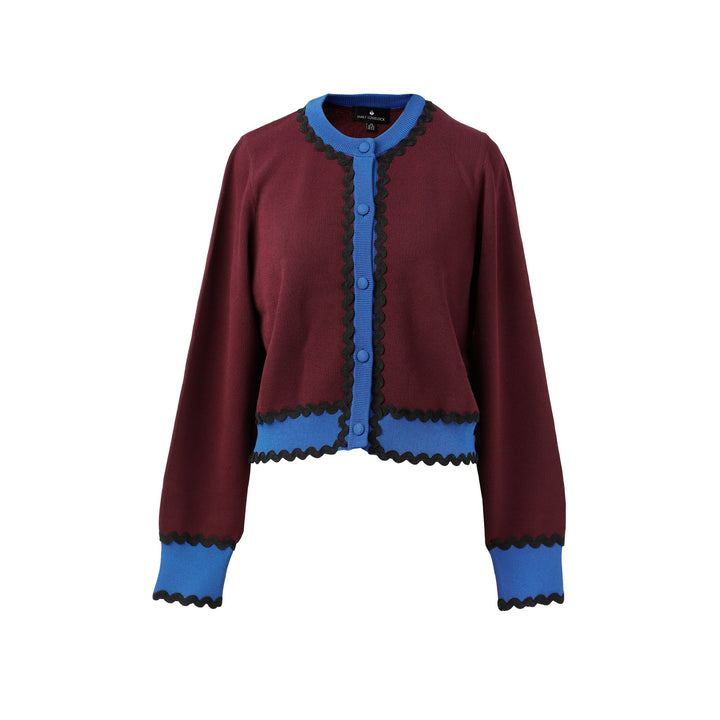 Diana cardigan maroon knit with blue trim black scalloped edges and button front closure