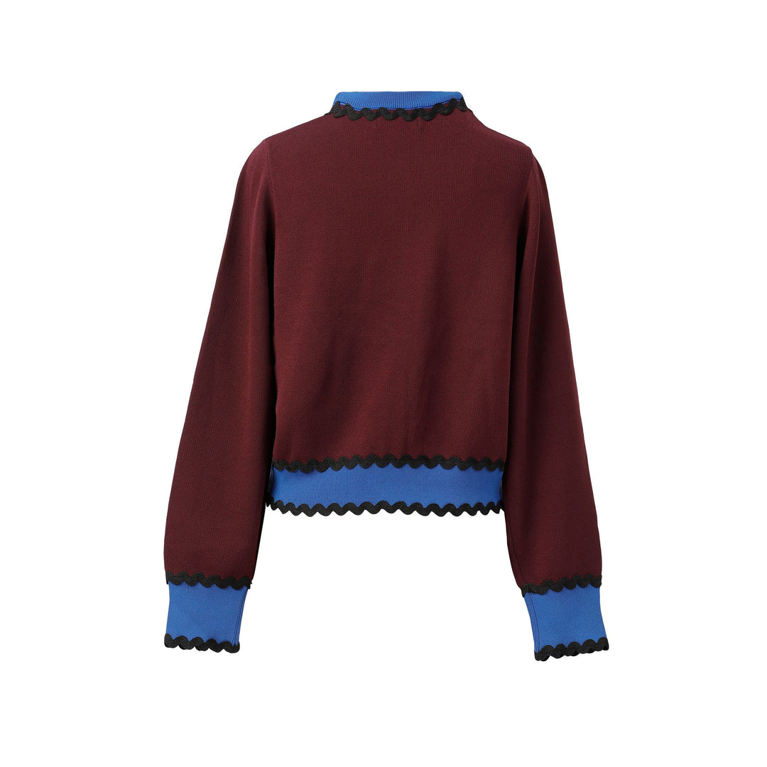 Diana cardigan maroon knit with blue ribbed trim and black scalloped edges at neckline hem and cuffs