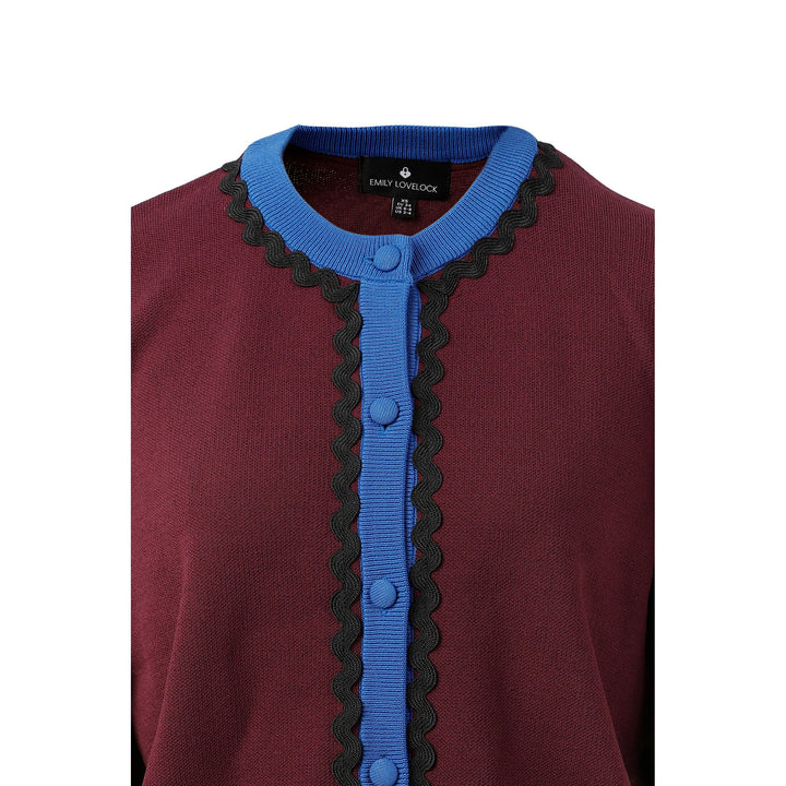 Diana cardigan maroon knit with blue ribbed collar and front placket black scalloped trim along edges