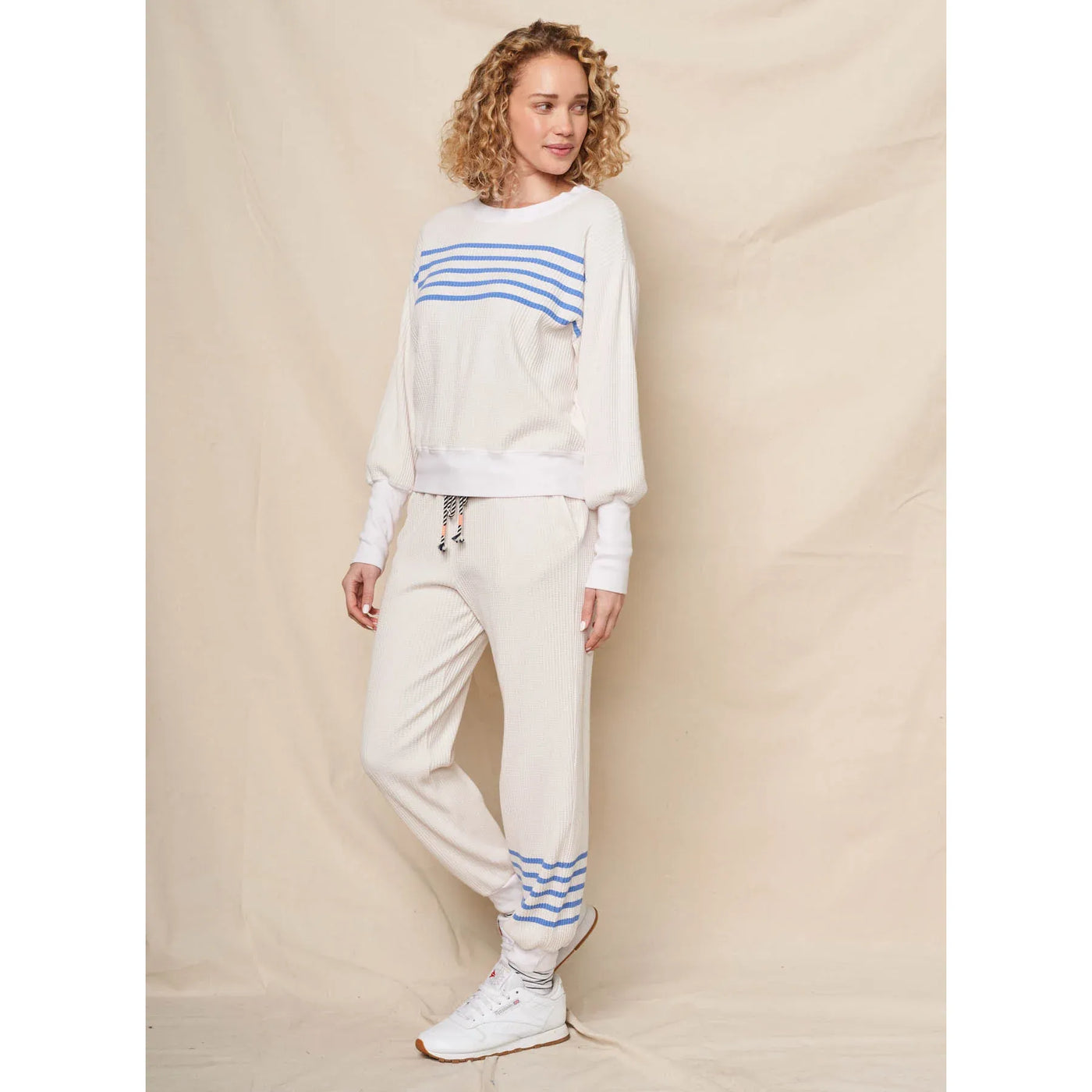 Oversized Waffle Crewneck Stripe -Blue/Oyster