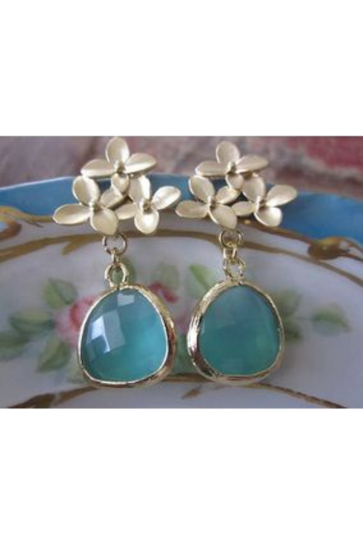 Aqua Blue Earrings Gold Cherry