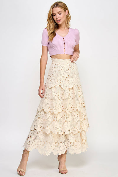 Ellison - TS-9996-6 EYELET TIERED RUFFLE MAXI SKIRT CREAM: S
