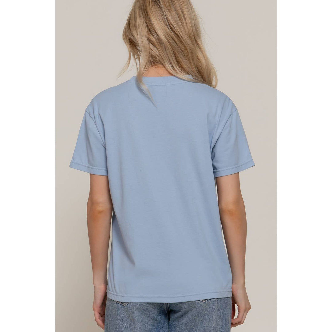 Light blue cotton short sleeve round neck tee with a simple crew neck and comfortable fit