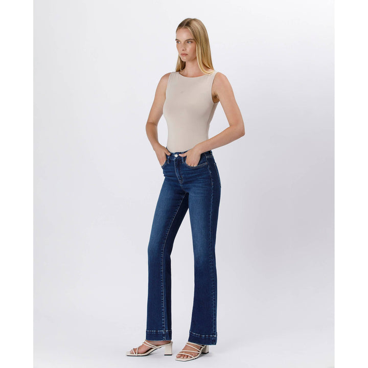 High rise trouser denim dark blue flare jeans with classic five-pocket design and subtle thigh fading