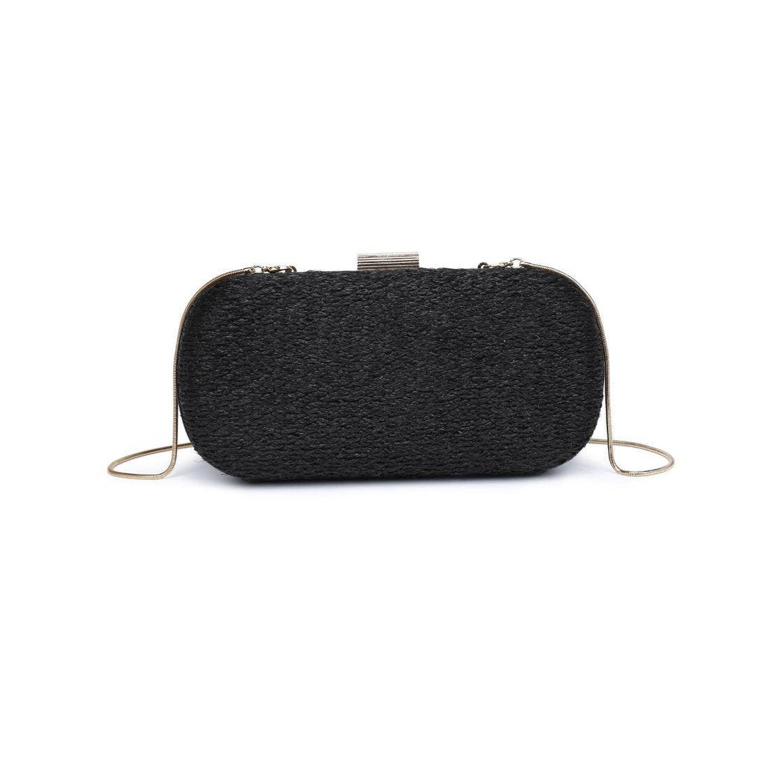 Quinn Evening Bag black textured clutch with silver chain strap and metallic clasp for elegant evening use