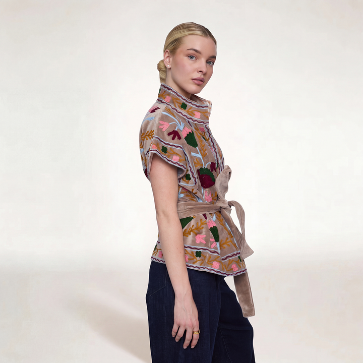 Beige Jaipur embroidered jacket gray with floral embroidery in pink green and burgundy on short sleeves