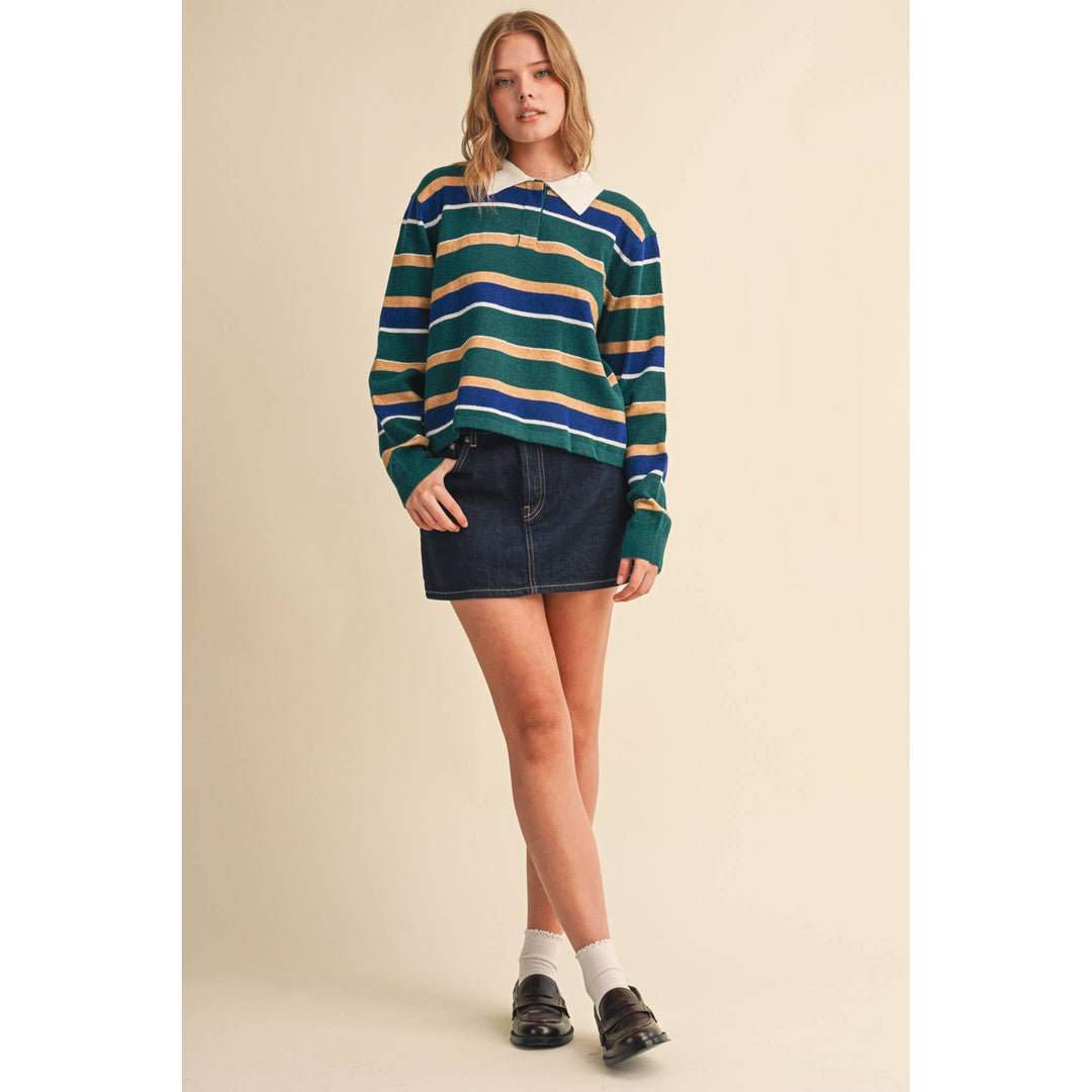 Striped polo sweater in pine royal with bold green blue beige stripes and a white collar for cozy wear