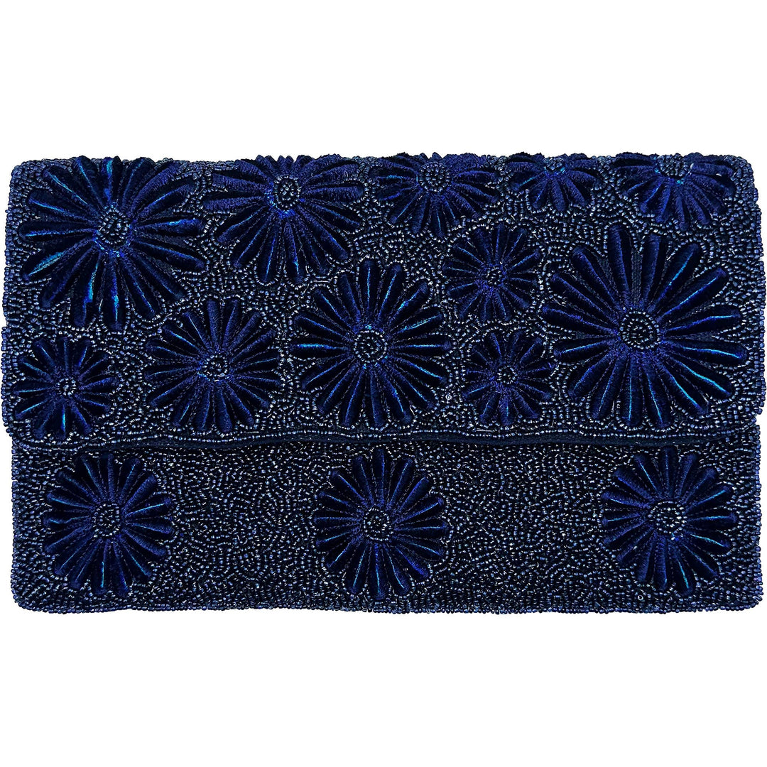 Deep navy blue beaded clutch with raised floral designs and metallic accents perfect for elegant occasions
