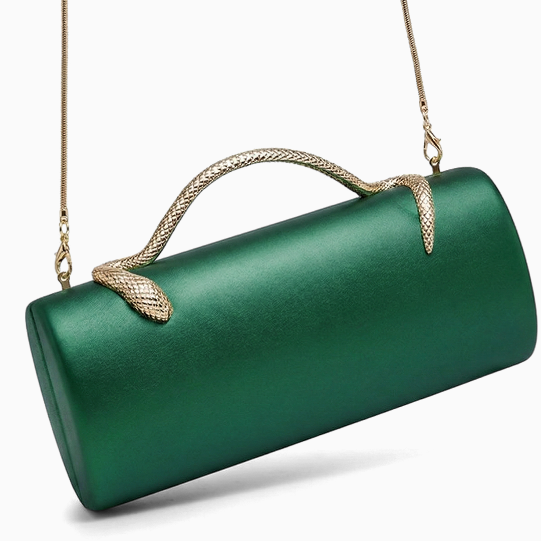 Emerald green satin maren handbag clutch with gold-toned snake handle and chain strap